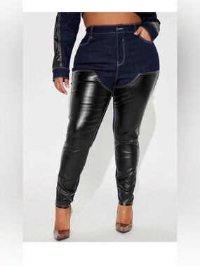 Fashion Nova Two-Tone Dark Blue Denim and Black Faux Leather Skinny Jeans